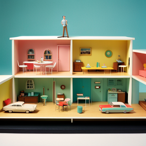 pastel colors, symmetry, mid-century modern, whimsical, nostalgia, quirky, Bill Murray, 1960s fashion, stop-motion animation, dollhouse-like sets, vintage technology