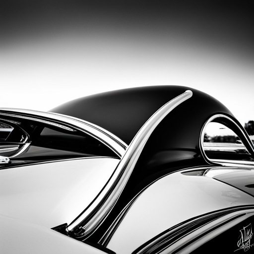 vintage cars, chrome, sleek curves, American muscle, Detroit, monochrome, black and white, mid-century, pinstriping, road trips, classic Americana, tailfins, leather interiors, racing stripes, engine blocks, hubcaps, hood ornaments, car culture