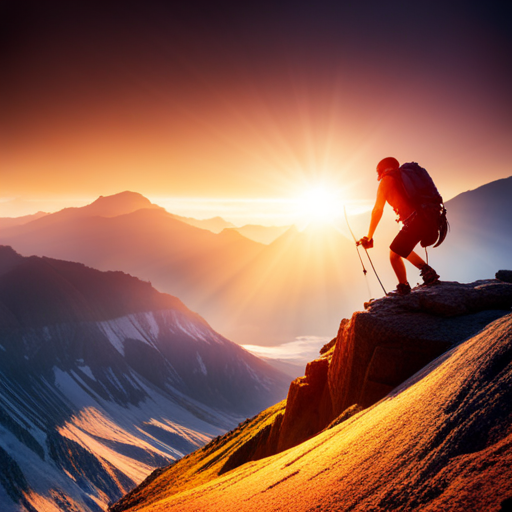 extreme sports, adventure, mountain climbing, rocky terrain, brave individuals, determination, overcoming obstacles, rugged landscapes, mountaineering equipment, natural beauty, panoramic views, intense sun glare, shadows and highlights, contrasting textures