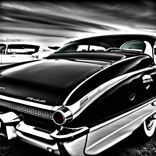 Sleek curves, chrome accents, monochromatic contrast, black and white, vintage, mid-century, Ford Thunderbird, Cadillac Eldorado, Chevrolet Impala, Americana, nostalgia, muscle car, racing stripes, hood ornament, chrome rims, car shows, Detroit steel, tail fins, automotive design, hand-painted pinstripes, worn leather seats, whitewall tires, car culture