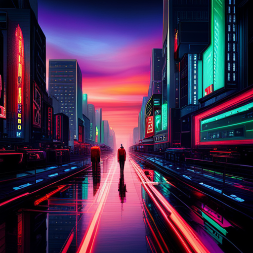 futuristic, cyberpunk, neon lights, dystopian, urban sprawl, Blade Runner, Akira, fluorescent colors, high-tech architecture, dark alleys, virtual reality, glowing signs, artificial intelligence, advanced technology, futuristic vehicles, polluted skies, rainy streets, crowded skylines, neon graffiti, underground tunnels, rebel hackers, corporate greed