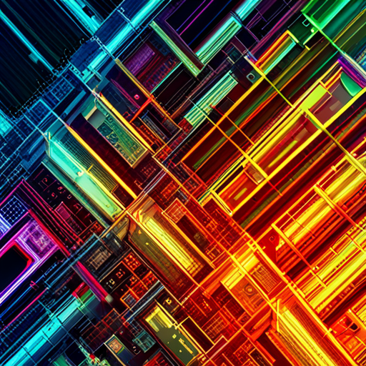 futuristic, artificial intelligence, cyborgs, neon lights, maximalism, technology, circuit boards, hyperrealism, bold colors, typographic design, glitch art