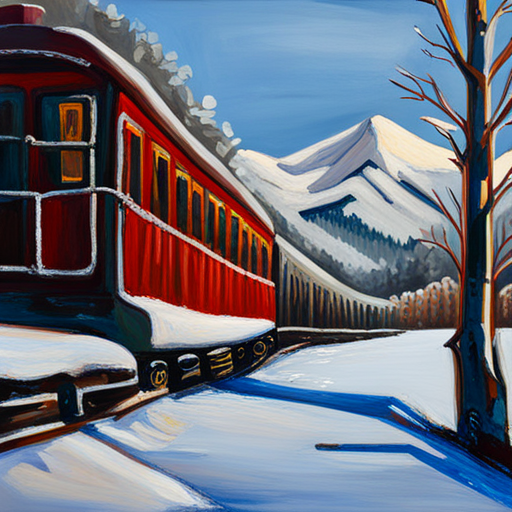 a snowy landscape with a train passing through, inspired by Kees Maks' figurative oil on canvas paintings, capturing the beauty of a winter day with detailed brushwork and a mix of acrylic and oil paints, showcasing the contrast between the white snow and the colorful locomotive