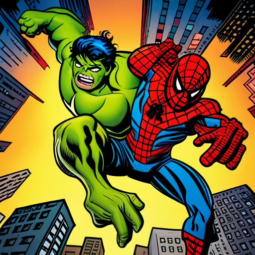 hulk, spiderman, superheroes, Marvel, action, dynamic, vibrant colors, bold lines, intense, powerful, strength, conflict, heroism, Stan Lee, Jack Kirby, Pop Art, Golden Age, Silver Age, primary colors, motion lines, energy, ink, pen and ink, graphic storytelling, panel layout, superhero battles, iconic poses, splash pages, word balloons, sound effects, exaggerated perspectives, hidden messages, moral dilemmas, social commentary, larger-than-life characters, dynamic composition, high contrast, halftone dots, dynamic movement, iconic imagery