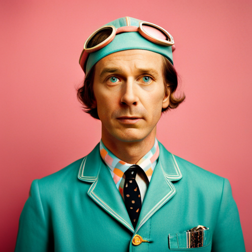 wes anderson, film director, quirky, symmetrical, pastel colors, vintage, intricately designed sets, playful, whimsical, dry humor, ensemble cast, retro, 1960s, unique character costumes, colorful props, intricate framing, angled camera shots, artistic composition, vintage typography, surrealism