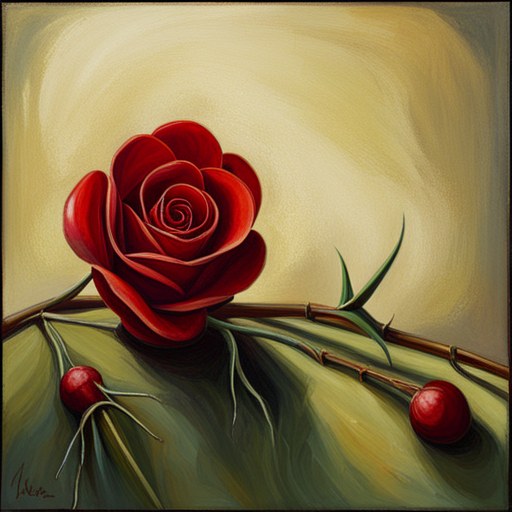 romanticism, still-life, oil painting, impressionism, art nouveau, warm lighting, chiaroscuro, emotional symbolism, thorns, red petals, life cycle, fragility, beauty, nature