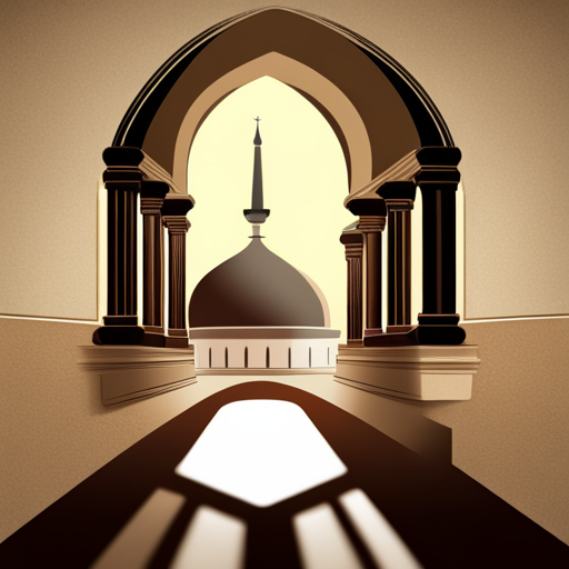 mosque, rounded border, border shadow, clock, time 04:10, caption, 7 minutes walking distance, location