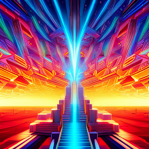 surrealism, glitch art, retro-futurism, electric intensity, arcade machines, techno cyberpunk, virtual reality, 3D animation, vibrant colors, futuristic textures, psychedelic colors, megastructures, chaos, digital sparks, rhythmical patterns