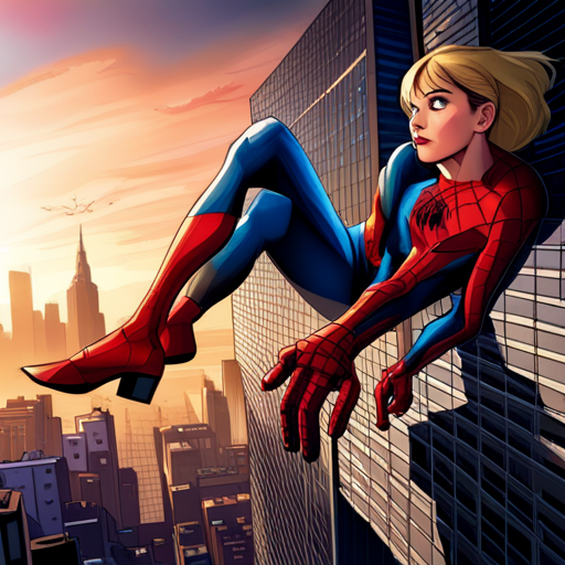 ghostspider, spiderman, superhero, action, Marvel Comics, dynamic, vibrant colors, web-slinging, iconic, New York City, Peter Parker, Gwen Stacy, costume, arachnid, wall-crawling, crime-fighting, urban, adventure, justice, teamwork, famous, Marvel Cinematic Universe, heroic, thrilling, fast-paced, exciting