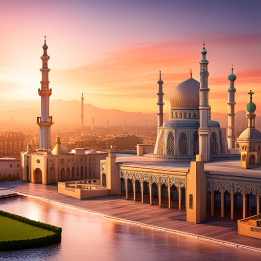 two mesmerizing mosques with exquisite architectural details, adorned with intricate minarets and domes, featuring stunning geometric patterns and vibrant colors, set against a picturesque background, with a digital clock seamlessly integrated into the design