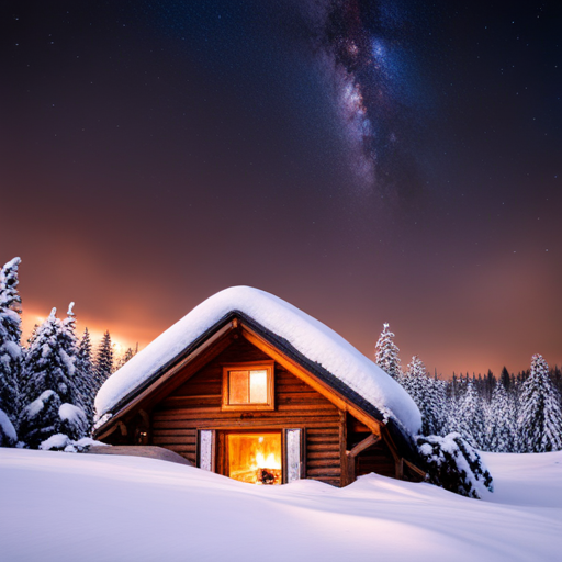 snow-covered mountain, cozy cabin, winter landscape, glowing fireplace, starry sky, snowy trees, soft lighting, rustic wood decor, mountain range, retreat, tranquility