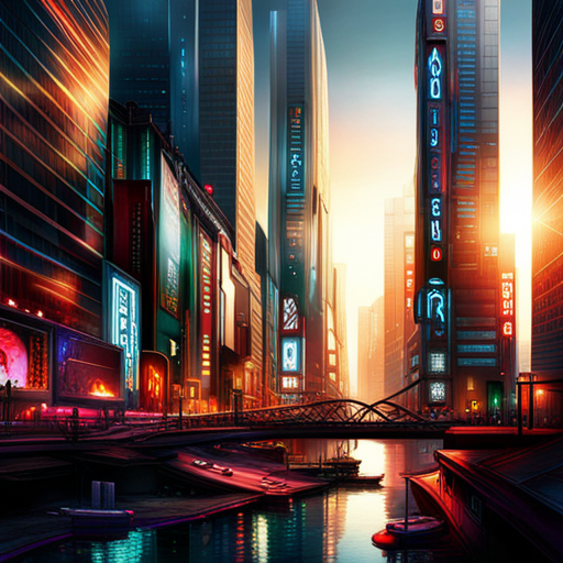 cyberpunk, dystopian, futuristic, technological, cityscape, nature, urban jungle, neon lights, vibrant colors, digital art, advanced civilization, synthetic materials, artificial intelligence, towering skyscrapers, overgrown vegetation, pollution, advanced transportation, dark alleys, glowing symbols, sleek architecture, high-tech gadgets, contrast between nature and technology, chaotic streets, augmented reality, cybernetic enhancements