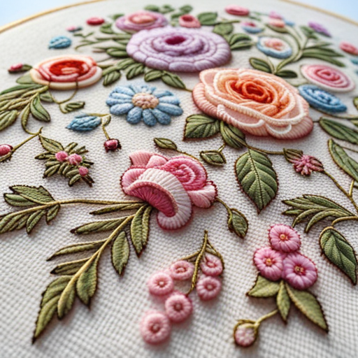 pastel, floral, embroidery, delicate, hand-stitched, vintage, Victorian era, softness, femininity, intricate patterns, delicate threads, pastel colors, textile art, needlework, dainty, meticulous, craftsmanship, botanical motifs, floral arrangements, traditional technique, nostalgic, handmade, fabric, needle and thread, fine details, romantic, decorative art, artistry, texture, ornamental, lace-like, beautiful, decorative stitches, pastel hues, handcrafted, textile design, artistic expression