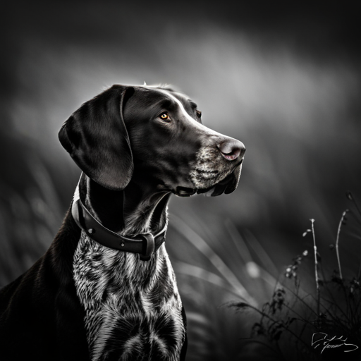 German shorthair pointer, hunting dogs, animal portrait, monochrome, high contrast, dark background, intense gaze, rugged texture, black and white photography, natural lighting, hunting instinct, powerful stance, majestic posture, pedigree breeds, outdoor photography, dog training photographic, nature, animal behavior, point, prey drive, breeds, hunting, wild game, bird hunting, scent, tracking, camouflaged, agility, trained, field trial, energetic, athletic, muscular, intelligent photographic, Sporting Dogs, Gundogs, Pointers, Game Birds, Bird Dogs, Canine, Hunting Equipment, Camouflage, Action Shots, Hunting Techniques, Wildlife, Hunting Season, Hunting Gear, Hunting Scenery, Agility, Stamina, Speed, A majestic German Shorthair Pointer posing in a natural reserve, with a golden hour light setting, enhancing its deep brown coat. The composition follows the rule of thirds, with the dog facing towards left, giving an impression of movement. The background is defocused, but still adding to the overall atmosphere with green and yellow tones. The texture of the dog's fur is visible, especially around the ears and spot markings. The image has a high level of detail, capturing the essence of the breed.