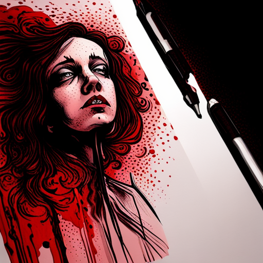 graphic novel, horror, macabre, dark, stark lighting, dramatic composition, blood red, black shadows, gritty textures, pen and ink, intense emotion, close-up perspective, violent movement, psychological thriller, gothic influences, high contrast, twisted narrative, chilling atmosphere, shocking reveal, suspenseful pacing