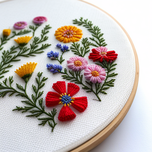 embroidery, pattern, wildflower, meadow, cross-stitch, delicate, intricate, floral, threadwork, handcrafted, textile, vintage, botanical, natural, plant, field, nature-inspired, stitched, needlework, colorful, traditional, handmade, stitches, craft, meandering, springs, blossoms