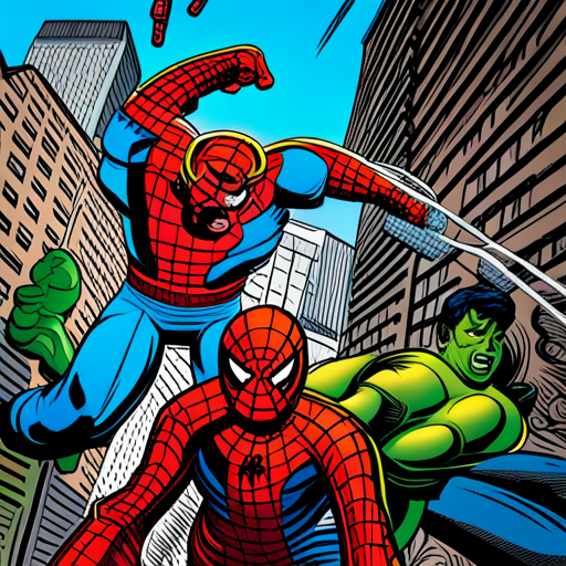 hulk, spiderman, superheroes, Marvel, action, dynamic, vibrant colors, bold lines, intense, powerful, strength, conflict, heroism, Stan Lee, Jack Kirby, Pop Art, Golden Age, Silver Age, primary colors, motion lines, energy, ink, pen and ink, graphic storytelling, panel layout, superhero battles, iconic poses, splash pages, word balloons, sound effects, exaggerated perspectives, hidden messages, moral dilemmas, social commentary, larger-than-life characters, dynamic composition, high contrast, halftone dots, dynamic movement, iconic imagery
