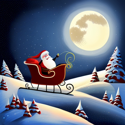 reindeer, santa, delivering presents, magical, winter wonderland, holiday season, flying, chimney, sleigh, snowflakes, twinkling lights, moonlit sky, joyful, festive, whimsical, enchanted, snowy landscape, starry night, jolly, gift-giving, sleigh bell, cozy, cheerful, mistletoe