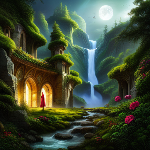 majestic landscapes, vibrant colors, mystical creatures, ethereal lighting, otherworldly flora and fauna, surreal atmosphere, mythical beasts, epic scale, dreamlike composition, magical realism, ancient ruins, enchanted forests, fantastical creatures, enchanted waterfalls, celestial skies