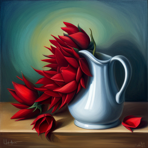 romanticism, still-life, oil painting, impressionism, art nouveau, warm lighting, chiaroscuro, emotional symbolism, thorns, red petals, life cycle, fragility, beauty, nature