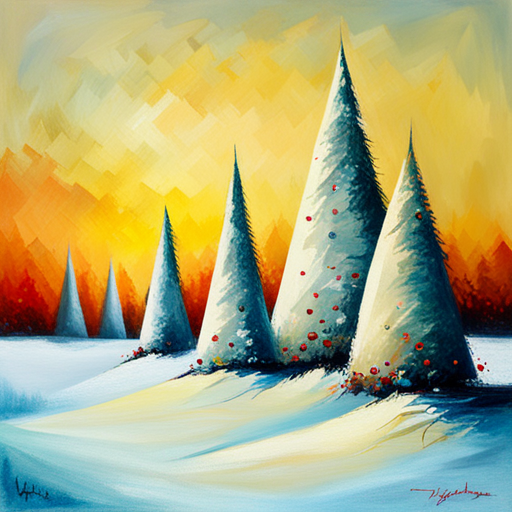 four Christmas tree, white background, textured canvas, oil vintage