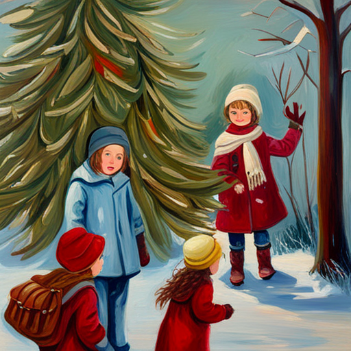 Winter, Children, Christmas Tree, Vintage, Oil on Canvas, Painting, Impression