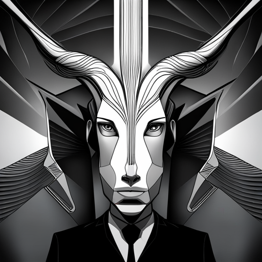 line-art, geometric-shapes, animal-morphism, abstract, vector, robotic, horns, black-and-white