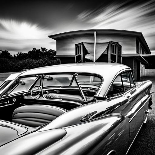 vintage, automobiles, 50's era, chrome, fins, Detroit, American muscle, classic lines, black and white, road trip, iconic, timeless design, retro, horsepower, tail lights, drive-in, shiny, sleek, car shows, collectors, restored, garage, speed, history, craftsmanship, nostalgic nostalgia
