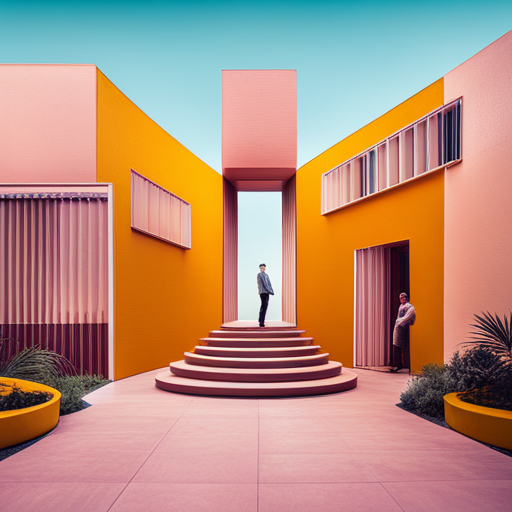 Symmetrical framing, bright colors, whimsical architecture, quirky characters, detailed props, slow motion, vintage vibes, organic textures, yellow tint, whimsical landscape, playful compositions, geometric shapes, pastel tones, surrealism, nostalgia, mid-century modern design