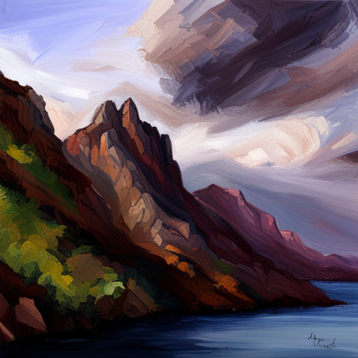 majestic peaks, rugged terrain, atmospheric perspective, muted colors, Impressionism, Hudson River School, light and shadow, texture, acrylic paint, naturalism, serenity, grandeur, scale, plein air, rocky outcroppings, dramatic sky, asymmetry, depth, soft brushstrokes, tranquility, digital painting, pixel art, atmospheric lighting