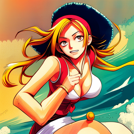 Nami, One Piece, anime, manga, straw hat pirates, Japanese art, water, ocean, adventure, action, dynamic poses, vibrant colors, comic book, shonen, character design