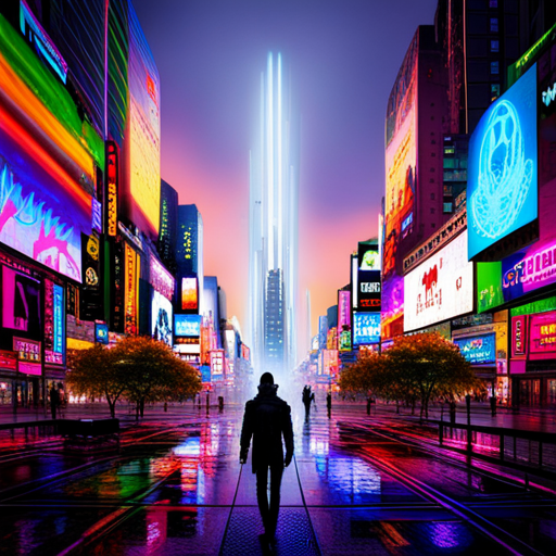 future, sci-fi, cityscape, nature, victory, heroes, cyberpunk, vibrant colors, neon lights, urban jungle, dystopian view, futuristic technology, organic integration, utopian ideals, dynamic composition, contrast between nature and technology, heroic figures, city lights, environmental balance, hope for the future, advanced civilization, rebellion against oppression