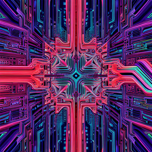 futuristic, artificial intelligence, data visualization, complex patterns, generative art, technology, glitch art, cyberpunk, machine learning, wires and circuits, abstract expressionism, neon colors