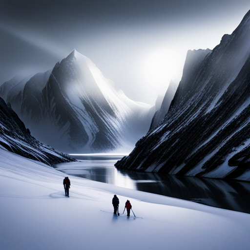 Frozen tundras, vast emptiness, dim sunlight, snow-capped peaks, rugged terrain, stark contrasts, golden hour, muted palettes, black and white, harsh winds, ice formations, survival gear, expeditionary teams