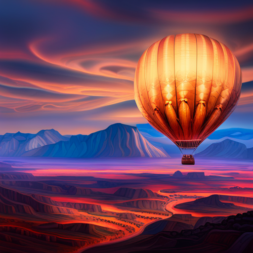 Jules Verne, steampunk, 1800s, golden hour lighting, surreal colors, majestic, fantasy landscape, towering mountains, whimsical clouds, oversized hot air balloon, intricate patterns, fantastical creatures, wondrous journey, magical realism, ethereal glow