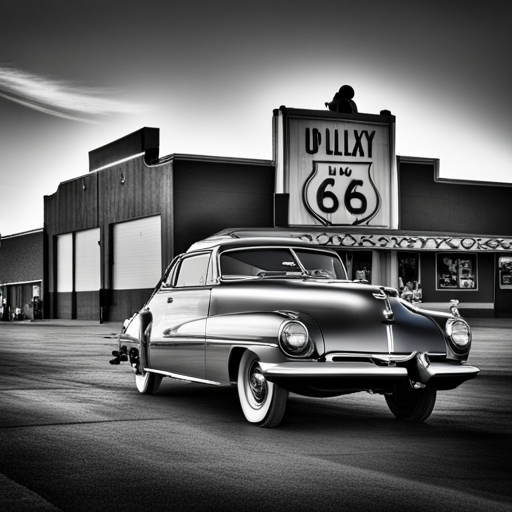 vintage automobiles, mid-century modern design, chrome accents, monochromatic tones, sleek lines, tailfins, American muscle, leather interiors, drive-in theaters, Route 66, glamorous Hollywood stars, black and white photographs, road trips, gas guzzlers, nostalgic nostalgia