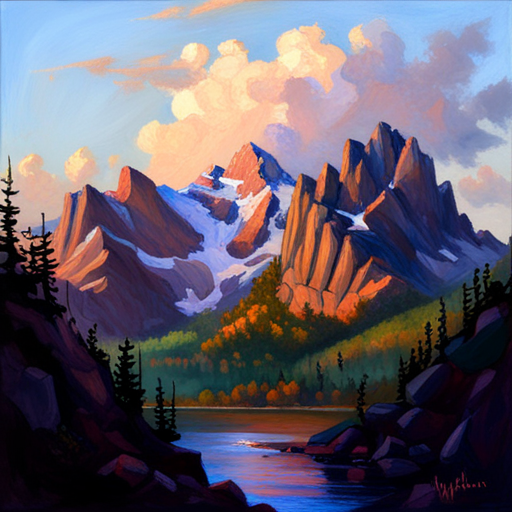 majestic peaks, rugged terrain, atmospheric perspective, muted colors, Impressionism, Hudson River School, light and shadow, texture, acrylic paint, naturalism, serenity, grandeur, scale, plein air, rocky outcroppings, dramatic sky, asymmetry, depth, soft brushstrokes, tranquility, pixel art, atmospheric lighting