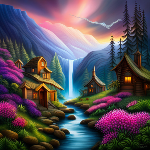 enchanted wilderness, mystical landscapes, vibrant flora and fauna, majestic mountains, ethereal lighting, otherworldly colors, dreamlike atmosphere, surreal textures, magical realism, fantastical creatures, whimsical perspective