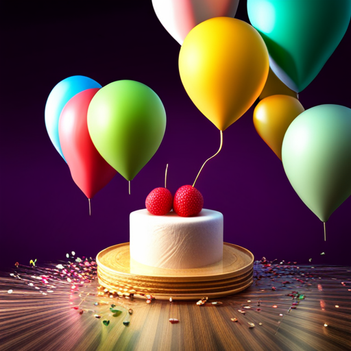 birthday, celebration, 3D, cake, candles, balloons, confetti, party, festive, joyful, colorful, animated, playful, whimsical, realistic, texture, lighting, composition, movement