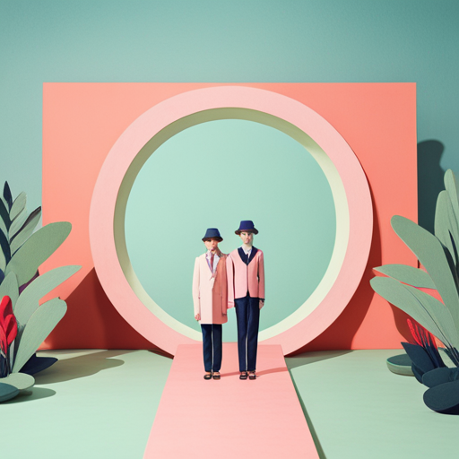 symmetrical framing, pastel colors, quirky characters, vintage aesthetic, whimsical mood, retro fashion, Andersonian symmetry, geometric shapes, stop-motion animation, whimsical props