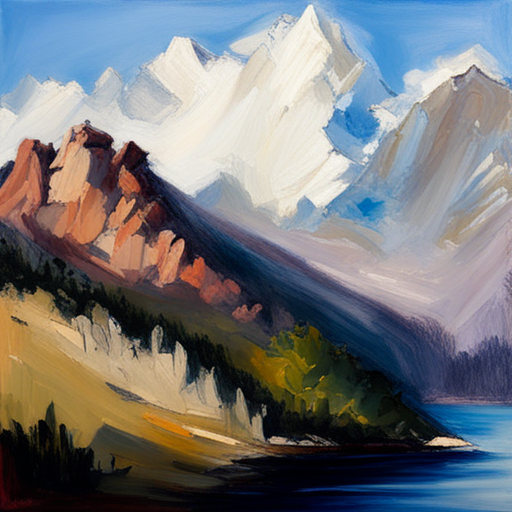 majestic peaks, rugged terrain, atmospheric perspective, muted colors, Impressionism, Hudson River School, light and shadow, texture, acrylic paint, naturalism, serenity, grandeur, scale, plein air, rocky outcroppings, dramatic sky, asymmetry, depth, soft brushstrokes, tranquility, landscape-painting