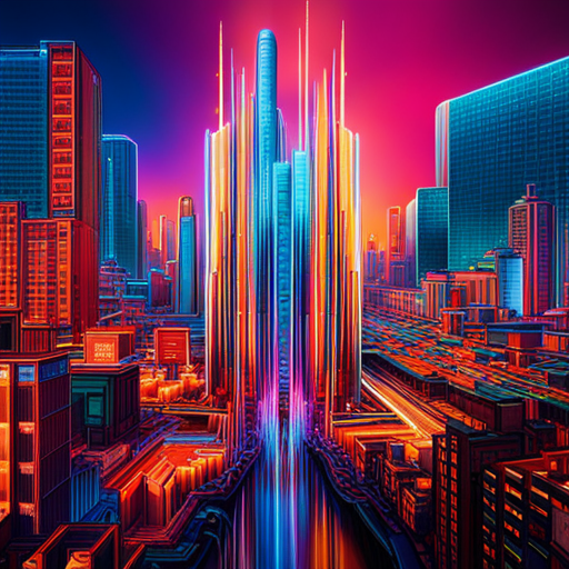 Futuristic cyberpunk meets artificial intelligence in a neon maximalist world with complex generative art patterns. Glitch art and machine learning interweave with wires and circuits to create an abstract expressionism inspired digital landscape.
