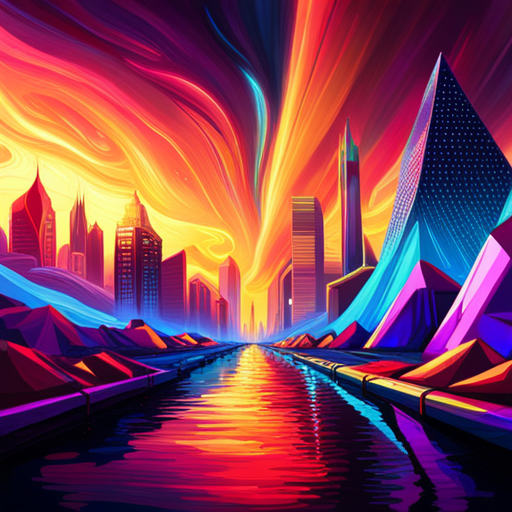 psychedelic colors, futuristic neon lights, megastructures, retrofuturism, cyberpunk, arcade machines, generation, chaos, digital sparks, rhythmical patterns