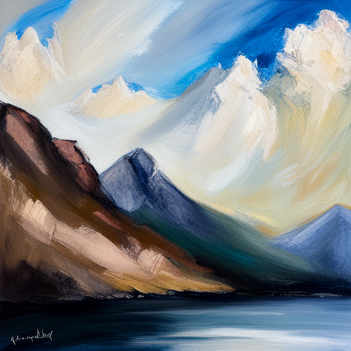 majestic peaks, rugged terrain, atmospheric perspective, muted colors, Impressionism, Hudson River School, light and shadow, texture, acrylic paint, naturalism, serenity, grandeur, scale, plein air, rocky outcroppings, dramatic sky, asymmetry, depth, soft brushstrokes, tranquility, landscape-painting
