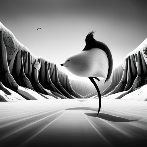 surrealism, winter, playful, black and white, graphical, Arctic animals, animation, looping, ice skating, sliding, comedy