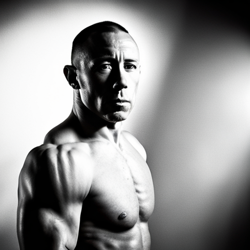 A black and white portrait of Georges St-Pierre, taken from a low angle, emphasizing his intense facial expression and muscular build. The lighting is dramatic, with deep shadows and stark highlights, creating a sense of both danger and power. The background is blurred out, with only a hint of a boxing ring visible, suggesting that GSP is fully focused on the fight ahead. The composition is asymmetrical, with GSP positioned off-center, but his gaze firmly towards the viewer. The only visible texture is the fine grain of the film, reminiscent of classic boxing photography.