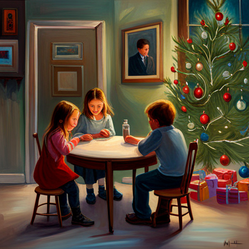 children, table, christmas tree, Laura Muntz Lyall, cgsociety, american impressionism, impressionism, oil on canvas, detailed painting