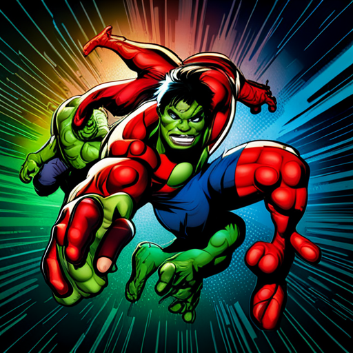 Hulk, Spiderman, superheroes, Marvel, action, dynamic composition, vibrant colors, digital art, comic book style, powerful, intense, energetic, motion lines, iconic characters, larger-than-life, muscular, green, red and blue, epic battles, superhuman strength, web-slinging, iconic poses, superhero team-up