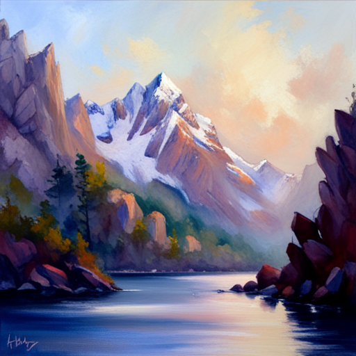 majestic peaks, rugged terrain, atmospheric perspective, muted colors, Impressionism, Hudson River School, light and shadow, texture, acrylic paint, naturalism, serenity, grandeur, scale, plein air, rocky outcroppings, dramatic sky, asymmetry, depth, soft brushstrokes, tranquility
