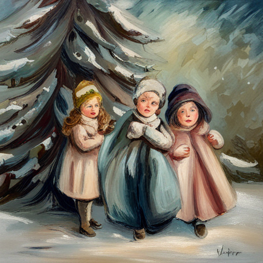Vintage oil, impersonalism, Winter Children under a Christmas Tree Painting, classic, muted colors, textured